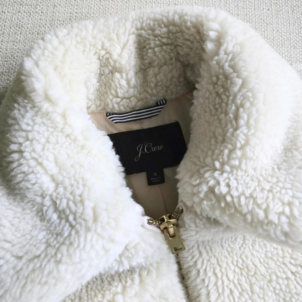 J. CREW Sherpa Bomber Jacket Teddy Plush Fleece Faux Fur Cream Small